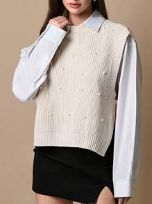 EURMUSE Women Solid Color Crew Neck Sleeveless Split Knitted Sweater Vest