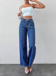 Cottnline Quần Jeans Denim Dáng Rộng Dáng Thẳng Thường Ngày Có Chi Tiết Túi Cho Nữ - Rửa trung bình - Xem 4