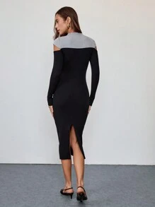 SHEIN Clasi 女士秋季拼色镂空长袖修身优雅毛衣连衣裙