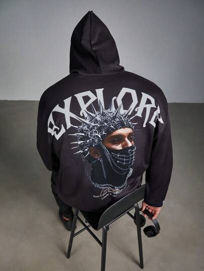 Manfinity LEGND Plus Size Men's Casual Street Style Figure & Letter Graphic Drop Shoulder Loose Fit Drawstring Hoodie, Spring Autumn