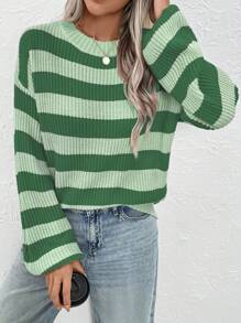 Calvaya Suéter casual de mujer talla grande con cuello redondo, hombros caídos y mangas largas a rayas, suéter de punto de otoño/invierno - Verde - Ver 6