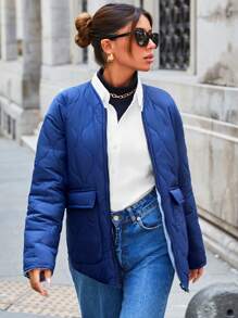 RueChic Frenchy REVERSIBLE Quilted Pocket Detailed Zip Up Stylish Down Jacket - Baby Blue - View 3