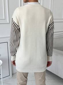 EURMUSE Women Stripe Detailed Sleeve V-Neck Front Button Drop Shoulder Cardigan - Beige - View 3