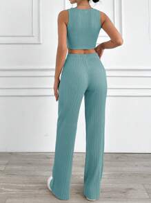 SHEIN Cottnline Solid Ribbed Knit Tank Top & Pants Two Pcs Set - Mint Green - View 2