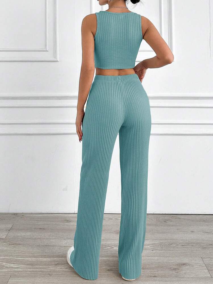 RueChic Solid Ribbed Knit Tank Top & Pants Two Pcs Set - Mint Green - View 2