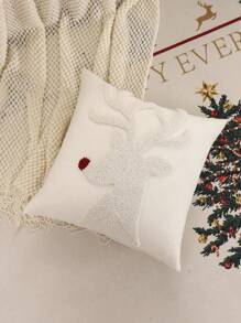 1pc Christmas Decorative Pillow Cover With Embroidered Snowman, Deer, & Snowflakes Designs, For Bedroom Or Living Room - Red - View 5