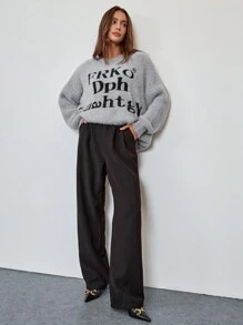 Chiquease 女士圆领长袖字母图案休闲套头毛衣 - 灰色 - 查看 3