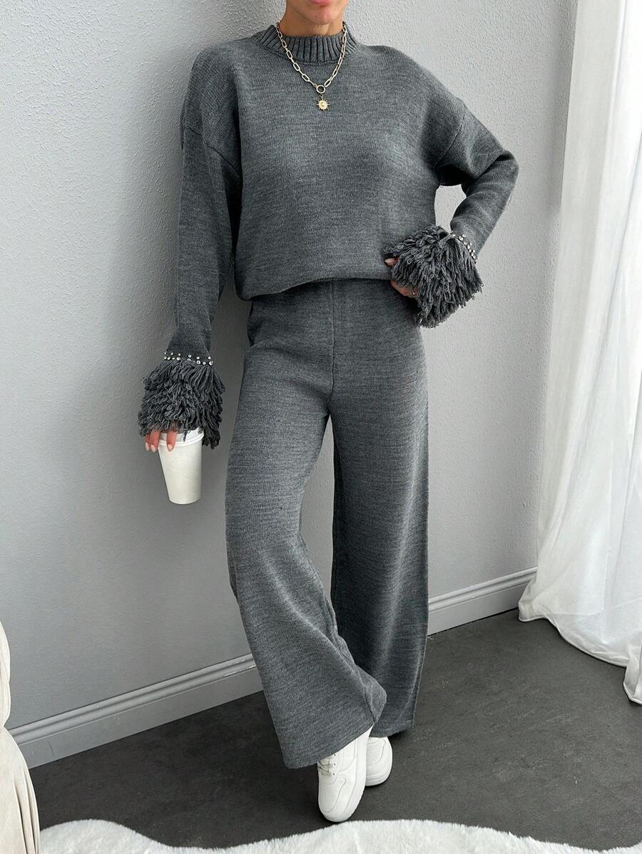 RueChic 女士圆领流苏和水钻袖细节套头衫和毛衣裤 2 件套 - 灰色 - 查看 1