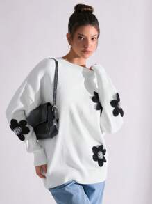 SHEIN PETITE WOMEN DIAMOND DETAIL FLORAL PATTERN CASUAL SWEATER