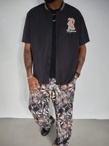 Manfinity LEGND 男士大码休闲夏季字母印花纽扣衬衫和树叶印花裤 2 件套 - 彩色 - 查看 5