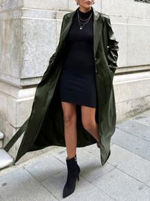EURMUSE Lapel Neck Long Sleeves Belted PU Leather Coat - Army Green - View 6