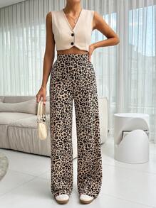 EURMUSE 女士休闲豹纹印花阔腿裤 - 棕色 - 查看 5