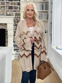 EMERY ROSE Women's Casual Drop Shoulder Striped Cardigan, Autumn/Winter Fall Cloth For Women - Apricot - View 3