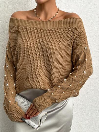 Pearl Plain Off-Shoulder Elegant Long Sleeve Pullover Sweater