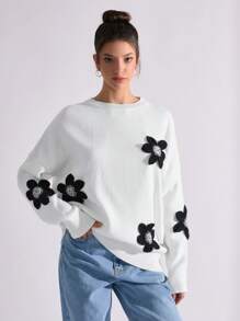 SHEIN PETITE WOMEN DIAMOND DETAIL FLORAL PATTERN CASUAL SWEATER