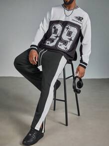 Manfinity LEGND Chemise jersey décontractée pour hommes grande taille, imprimé coloré avec numéro, ample avec épaules tombantes, look casual sportswear, pour l'automne - Noir et Blanc - Voir 4