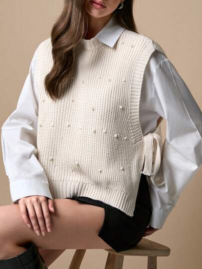 Femmes Pull sans manches à col rond en tricot fendu unicolore