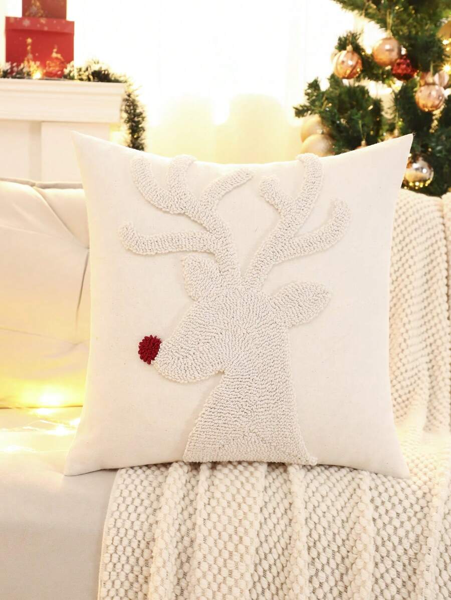 1pc Christmas Decorative Pillow Cover With Embroidered Snowman, Deer, & Snowflakes Designs, For Bedroom Or Living Room - Red - View 1