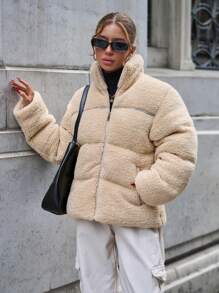 SHEIN Cottnline SOLID ZIPPER POCKET TEDDY WINTER COAT - Beige - View 4