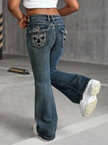 SHEIN Jeans acampanados con bordado estilo Y2K grunge para niña preadolescente, ropa de calle para volver al colegio en otoño - Azul lavado oscuro - Ver 2