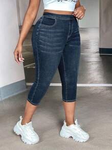 SHEIN SXY 大码女式休闲口袋简约设计牛仔裤 - 深色水洗藍 - 查看 6