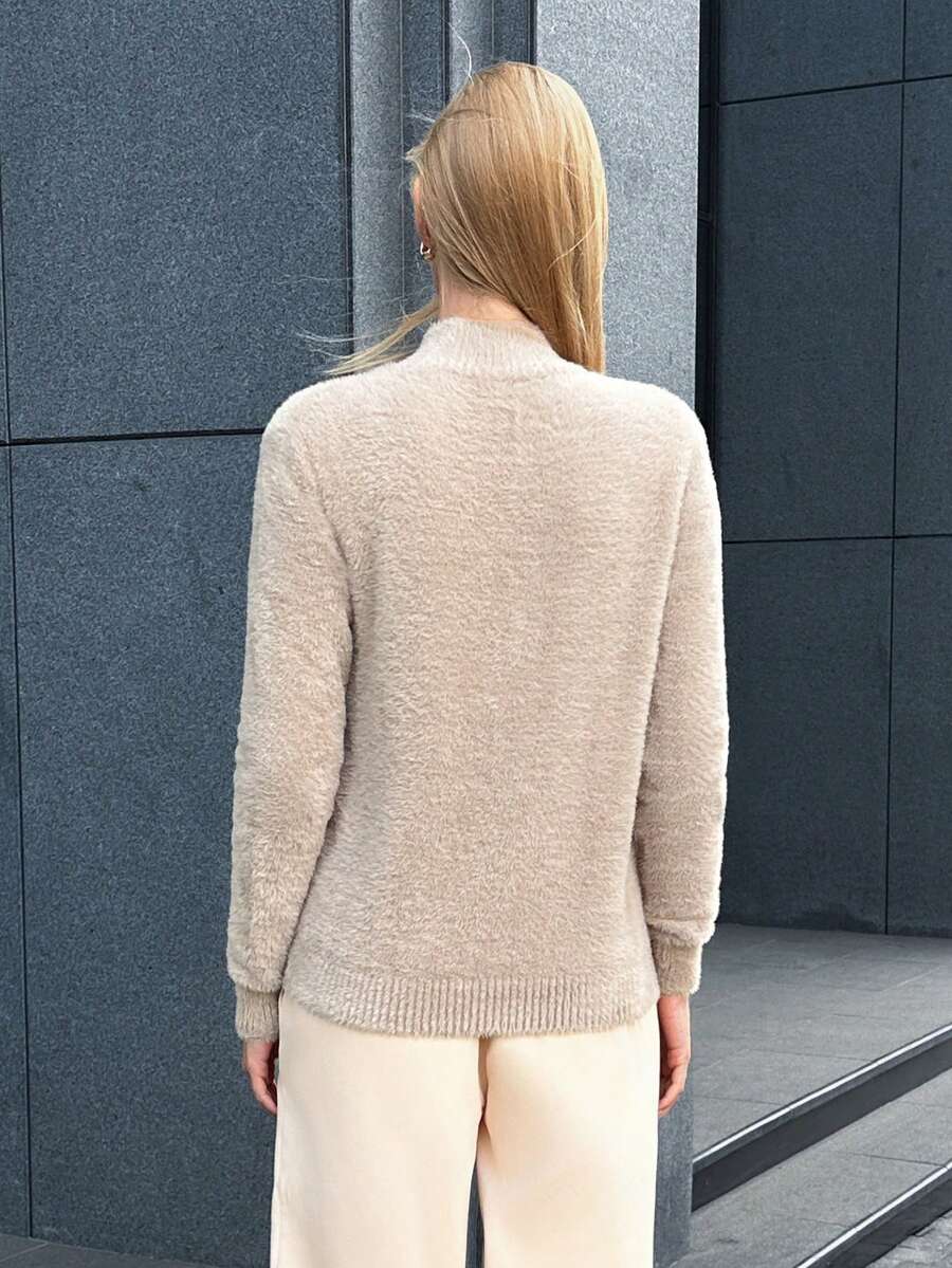 SHEIN Women Hairy Yarn Soft Touch Round Neck Sweater SHEIN USA