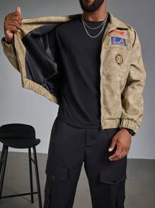 Manfinity Roughcore Men's Plus Size Letter Print Long Sleeve Zip Front Casual Jacket Fall Men Clothes
