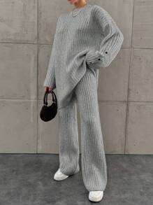 EURMUSE Loose Knitted Sweater Two Piece Set For Women, Including A Sweater And Long Pants - Grey - View 2