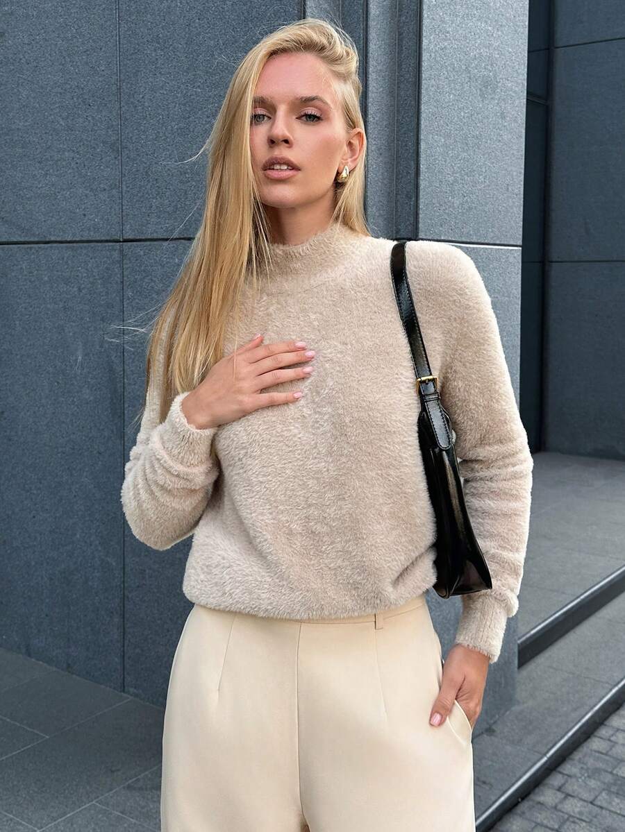 SHEIN Women Hairy Yarn Soft Touch Round Neck Sweater SHEIN USA