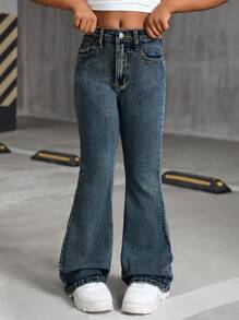 SHEIN Jeans acampanados con bordado estilo Y2K grunge para niña preadolescente, ropa de calle para volver al colegio en otoño - Azul lavado oscuro - Ver 6