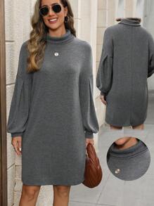 EMERY ROSE Vestidos grises de otoño, ropa de maestra, jerseys de mujer, jersey de cuello alto, vestido corto de mujer