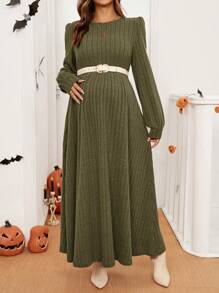 SHEIN Casual Maternity Solid Color Ribbed Lantern Sleeve Cinched Waist Dress, Spring & Autumn - Army Green - View 3