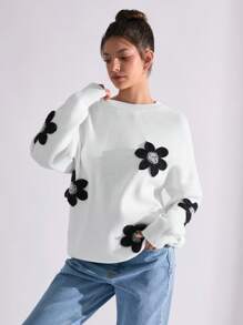 SHEIN PETITE WOMEN DIAMOND DETAIL FLORAL PATTERN CASUAL SWEATER