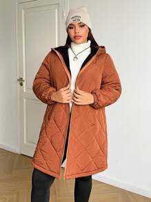 SHEIN EZwear 大码女式棕色棉质夹棉大衣，寒冷天气保暖服装，保暖绗缝夹克，秋装