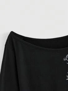 ROMWE 朋克阿比西尼亚十字水钻印花不对称肩部 T 恤 - 黑色 - 查看 3