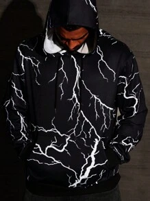 Manfinity LEGND Men's Plus Size Casual Lightning Print Hooded Sweatshirt, Spring & Autumn