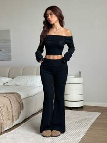SHEIN EZwear 2 Pieces Women's Solid Off-The-Shoulder Long Sleeve Cropped Top And Flared Pants Fashion Set