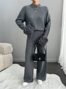 RueChic 女士圆领流苏和水钻袖细节套头衫和毛衣裤 2 件套 - 灰色 - 查看 4