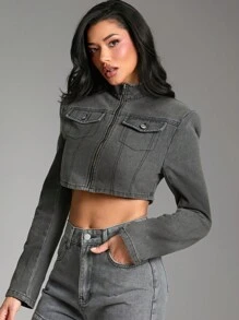 Denimoi Herbstkleidung für Frauen, Damen Oberteil mit breiten Trägern, stehendem Kragen und Reißverschluss vorn sowie Taschen, in anthrazitgrauem Denimstoff. Für Lässig, Alltag, Konzerte, Festivals, Partys