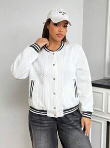 SHEIN EZwear Plus Size Women Button Front Colorblock Long Sleeve Pocket Casual Jacket