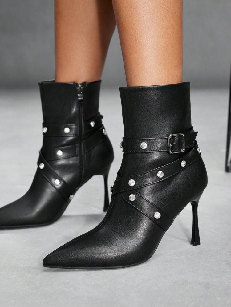 CUCCOO SZL Studded Pointed Toe High Heel Mid-Calf Boots For Women