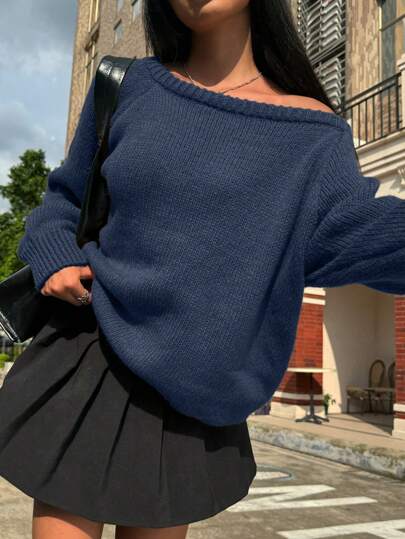 SHEIN EZwear Plus Size Wide Neck Long Loose Knitted Pullover Sweater, Plus Size In Fall/Winter