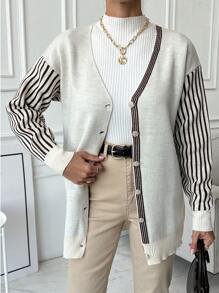 EURMUSE Women Stripe Detailed Sleeve V-Neck Front Button Drop Shoulder Cardigan - Beige - View 1