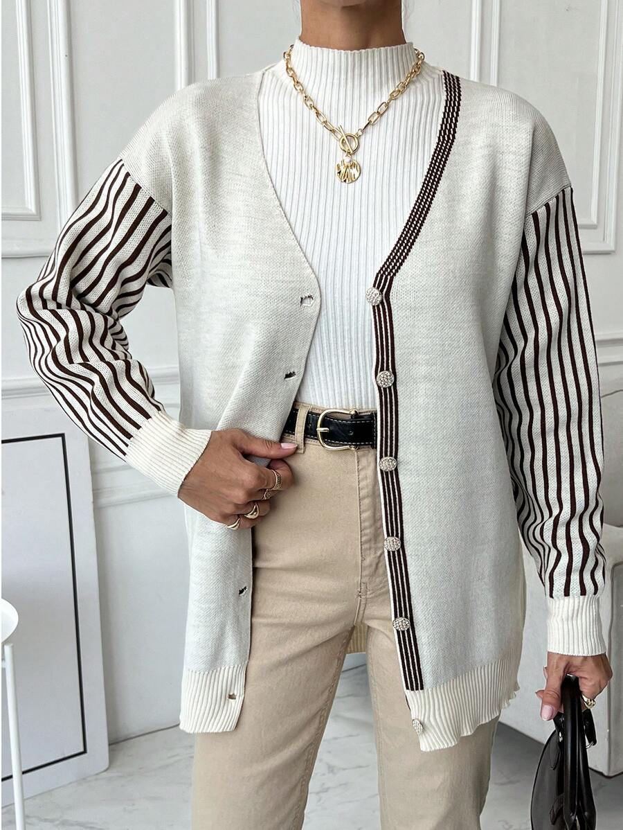 EURMUSE Women Stripe Detailed Sleeve V-Neck Front Button Drop Shoulder Cardigan - Beige - View 1