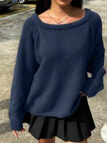 SHEIN EZwear 大码宽领长款宽松针织套头衫，秋冬大码 - 藍色 - 查看 4
