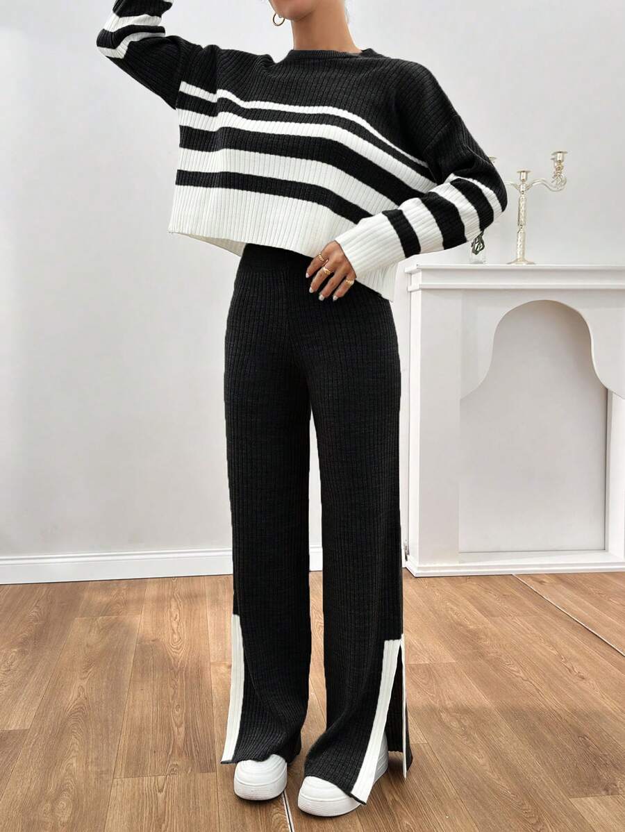 EURMUSE Women Rib Knit Stripe Pattern Round Neck Drop Shoulder Pullover & Sweater Pants Set - Black and White - View 1