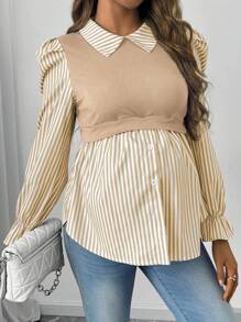 SHEIN 孕妇及哺乳秋季休闲拼布条纹2合1上衣 - 杏色 - 查看 5