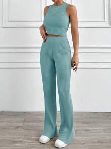 SHEIN Cottnline Solid Ribbed Knit Tank Top & Pants Two Pcs Set - Mint Green - View 4