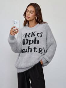Chiquease 女士圆领长袖字母图案休闲套头毛衣 - 灰色 - 查看 4
