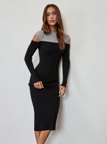 SHEIN Clasi 女士秋季拼色镂空长袖修身优雅毛衣连衣裙